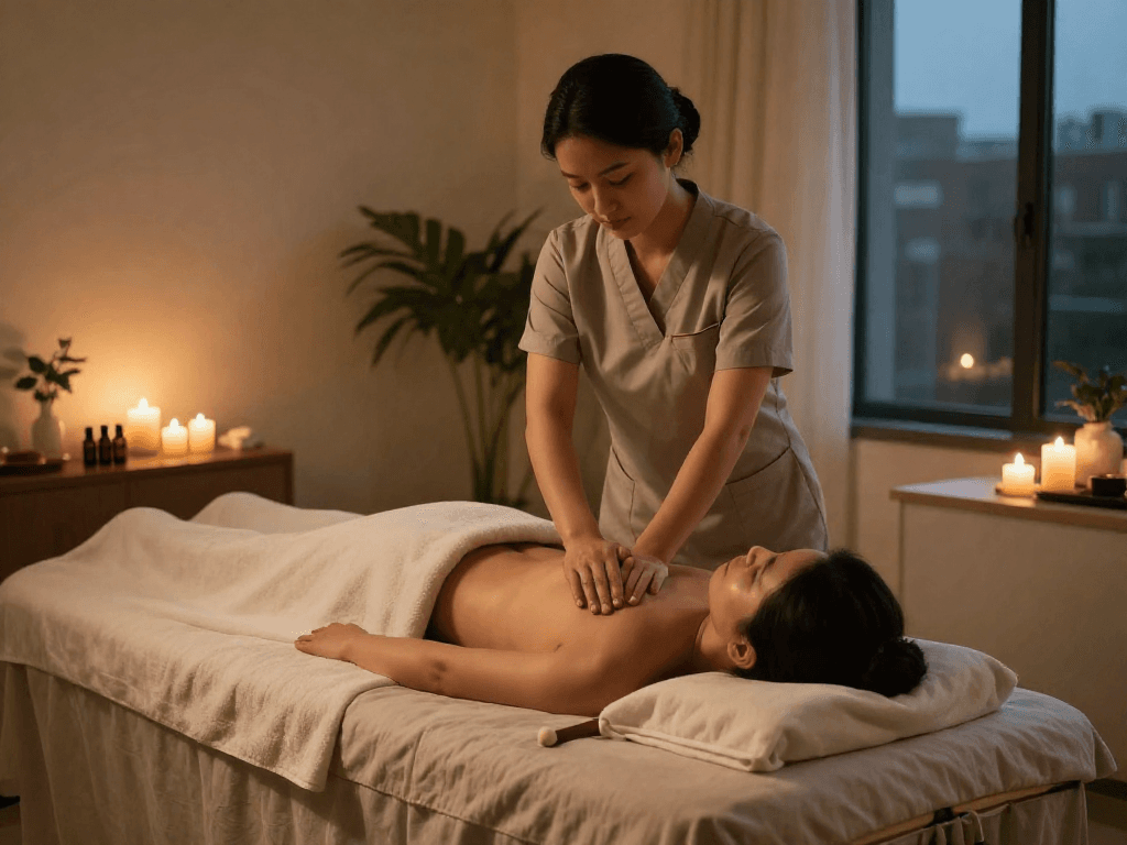 강남출장마사지 performed in a luxurious home setting with a professional therapist.