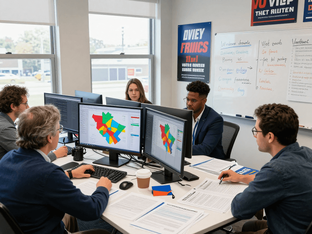 State legislature campaign marketing analysis with diverse team in campaign office.