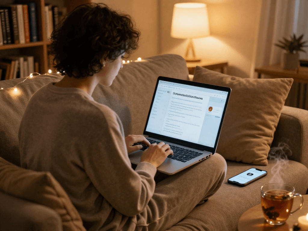 AI sex chat interaction in a cozy home setting with warm lighting and relaxed atmosphere.