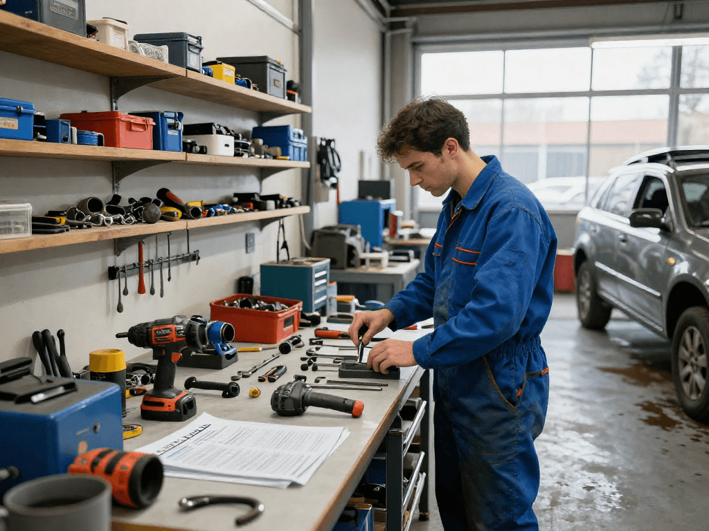 Mechanic evaluating ks tools in a well-lit automotive workspace with organized equipment and vehicles.