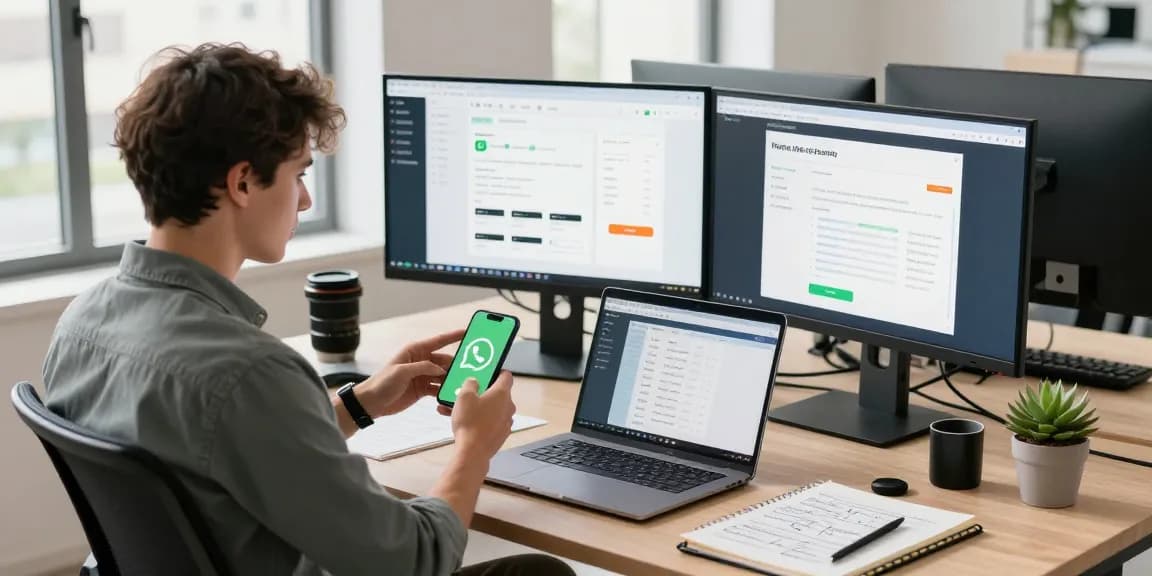 Engaging tech workspace scene highlighting WhatsApp下載 usage on smartphone with analytics visuals.