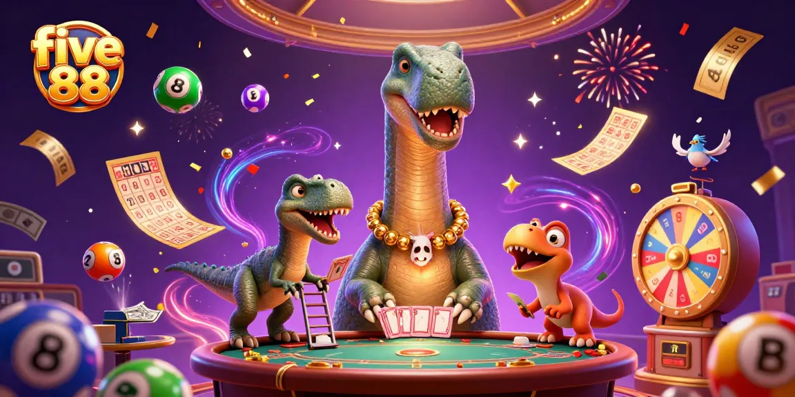 Discover the vibrant scene of five 88 with a giant brontosaurus and raptor dealer in a lively casino.