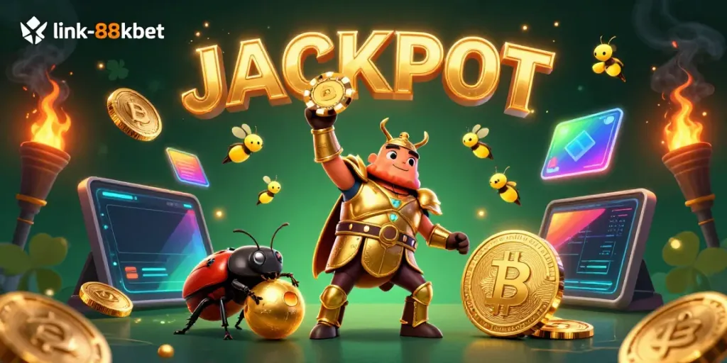 Engage with link-88kbet's vibrant casino scene featuring characters and glittering crypto elements!