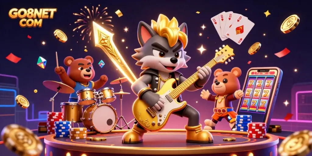 Experience the thrilling energy of GO8NET COM with a cartoon rock star wolf and dazzling casino visuals.