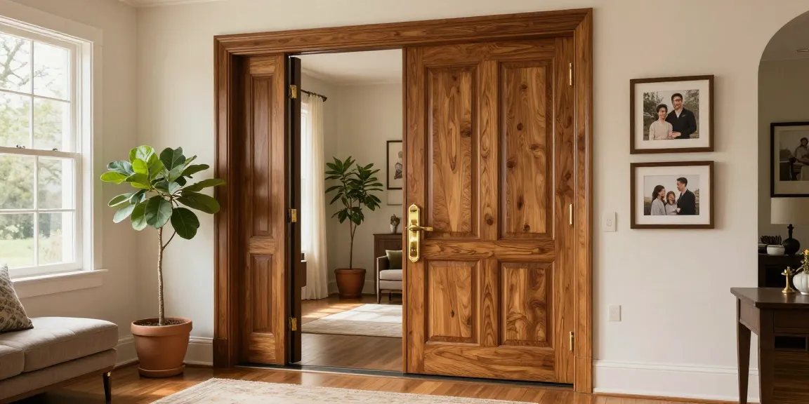 Single leaf double swing door opening to a warm, inviting entryway with stylish decor and natural light.