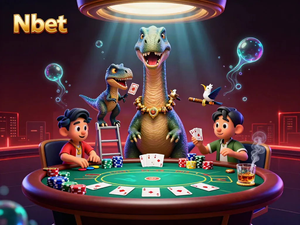 N bet showcases a vibrant poker scene featuring a cartoon dinosaur and clever raptor dealing cards.