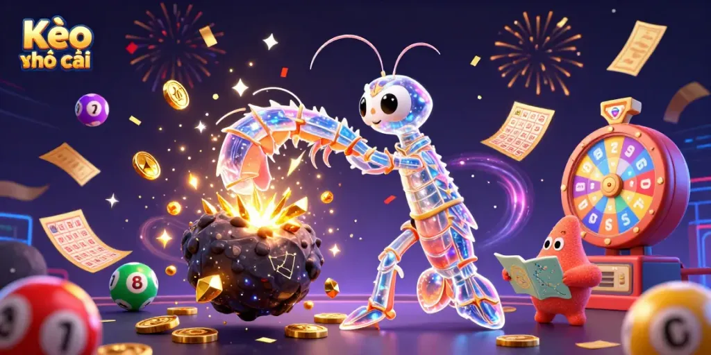Experience the thrill of Kèo nhà cái with a dynamic illustration of a galactic samurai mantis shrimp and a starfish, amidst vibrant gaming elements.