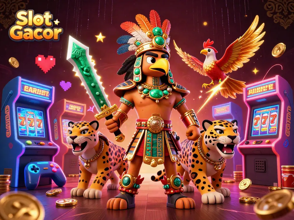 Permainan Slot Gacor dengan karakter prajurit Aztec dan mesin slot yang berkilau.