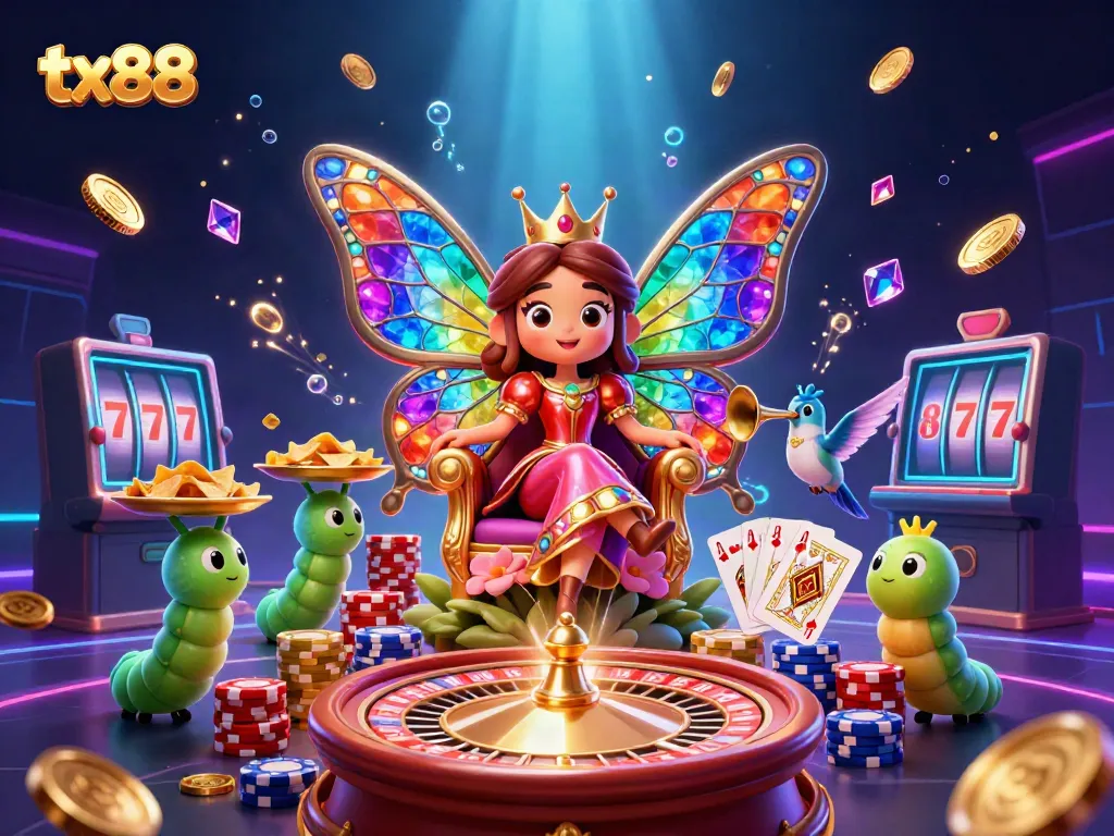 Experience the vibrant gaming world of tx88 with a dazzling butterfly queen and golden chips.