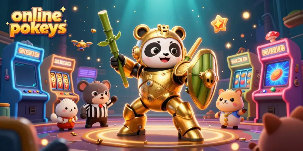 Engaging scene of online pokies with a golden panda pilot, arcade machines, and vibrant casino elements.