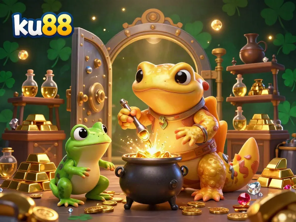Engage in the magic of ku88 casino with a golden salamander alchemist and vibrant treasures illustrating a dynamic gambling experience.