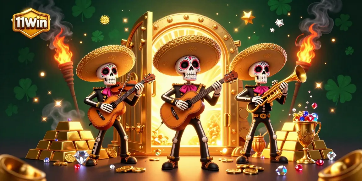 Engage with 11WIN through vibrant casino-themed illustration of a lively mariachi band surrounded by treasures.