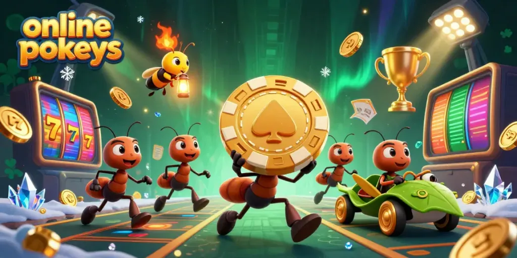 Join the excitement of online pokies with animated ants heisting a giant poker chip.