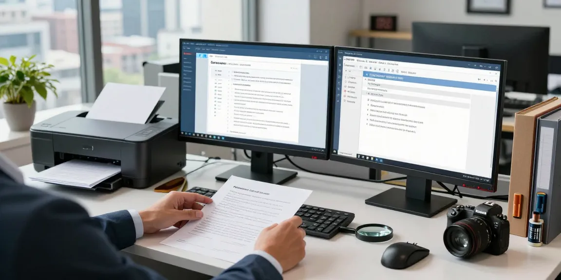 Data analyst engaging in document fraud detection with dual monitors and verification software in a professional office.