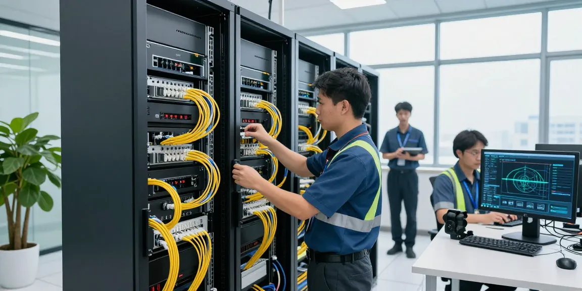 Technicians installing fiber optic cable in a modern data center, showcasing high-speed connectivity solutions.