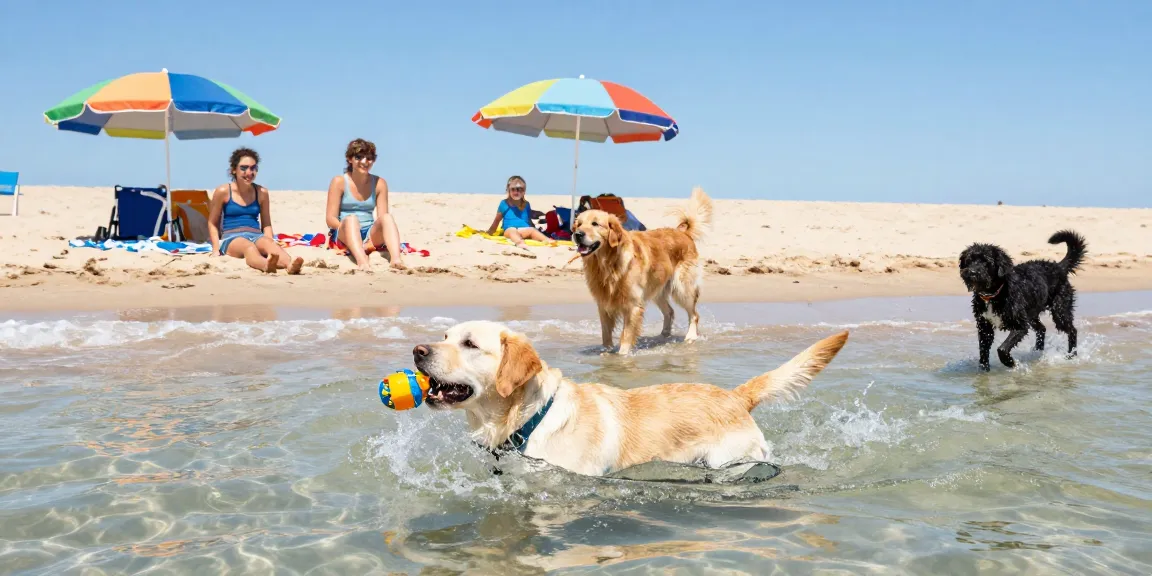 The best dog breeds for swimming, featuring a Labrador Retriever splashing in the water, a Golden Retriever paddling, and a Portuguese Water Dog playing on a sunny beach.