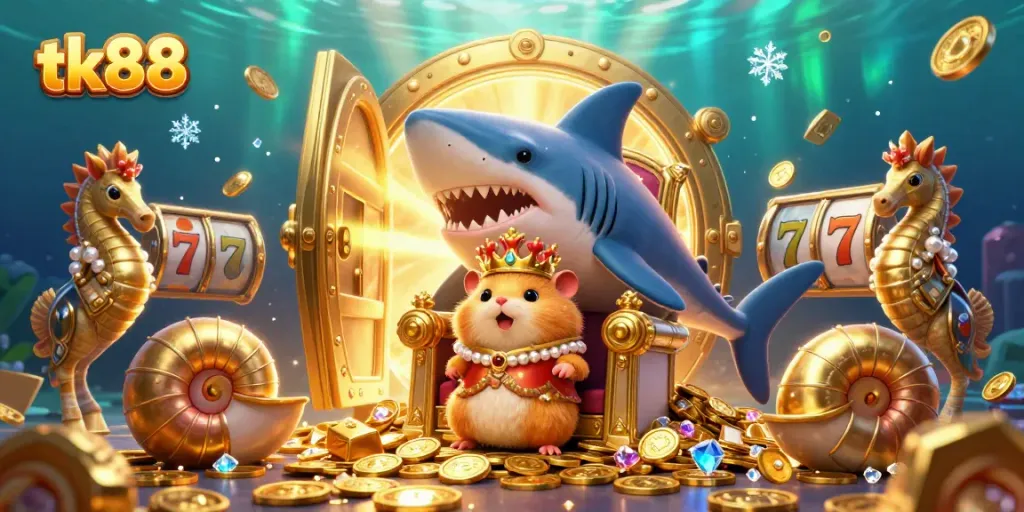 Experience tk88's vibrant gaming atmosphere with treasures and a whimsical casino scene.