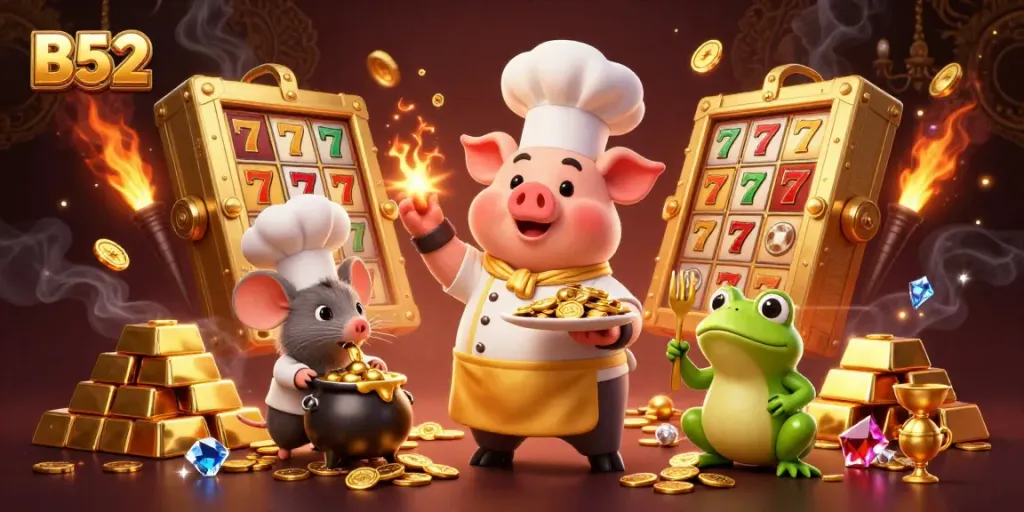 Experience thrilling jackpot action at B52 with a gourmet pig chef serving gold coins.