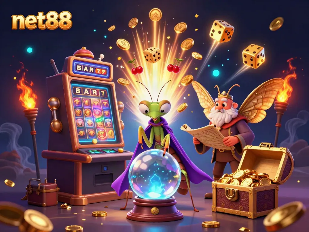 Experience the thrill at net88 with a vibrant 3D casino scene showcasing fortune teller characters and slot machine excitement.