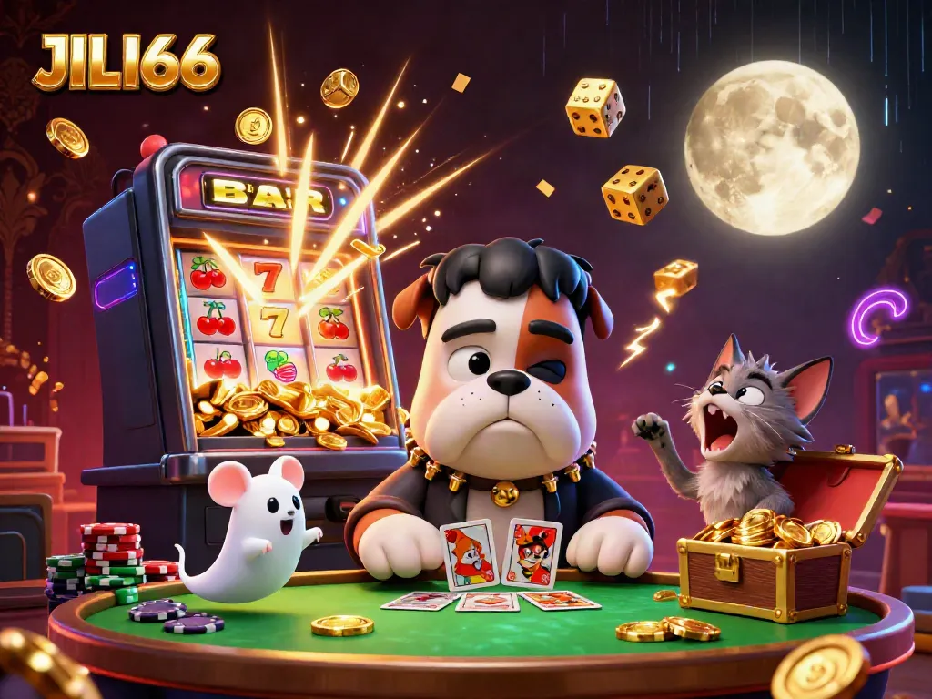 Experience JILI66's thrilling casino atmosphere, featuring a unique 3D bulldog dealer and vibrant gaming elements.