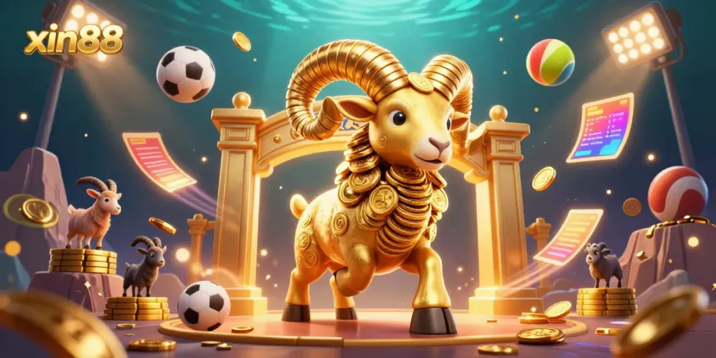 Experience the thrilling moments at xin88 as a golden ram clashes through cash, surrounded by vibrant sports elements.