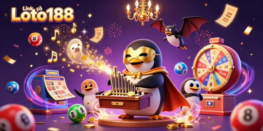 Engage with Link vào Loto188 through an exciting 3D scene of a penguin playing an organ with lottery elements.