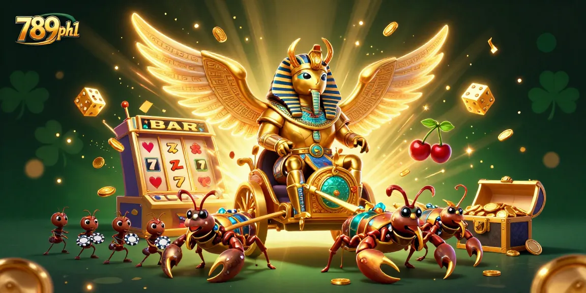 Experience thrilling wins with 789ph1 as a golden scarab beetle leads a jackpot explosion in an exciting casino scene.