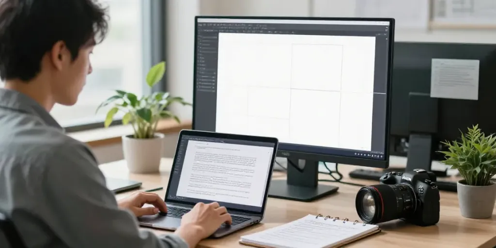 Dewalive editor reviewing an MBA essay draft in a modern workspace.