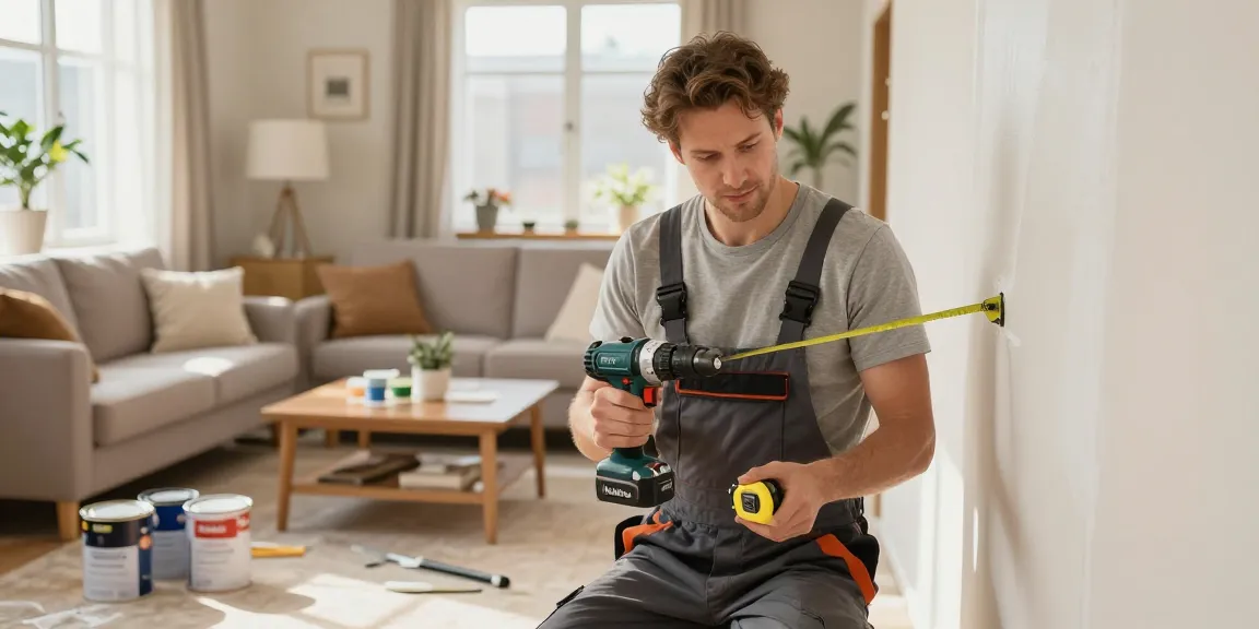 HubPro handyman services team repairing drywall in a warm, inviting living room.