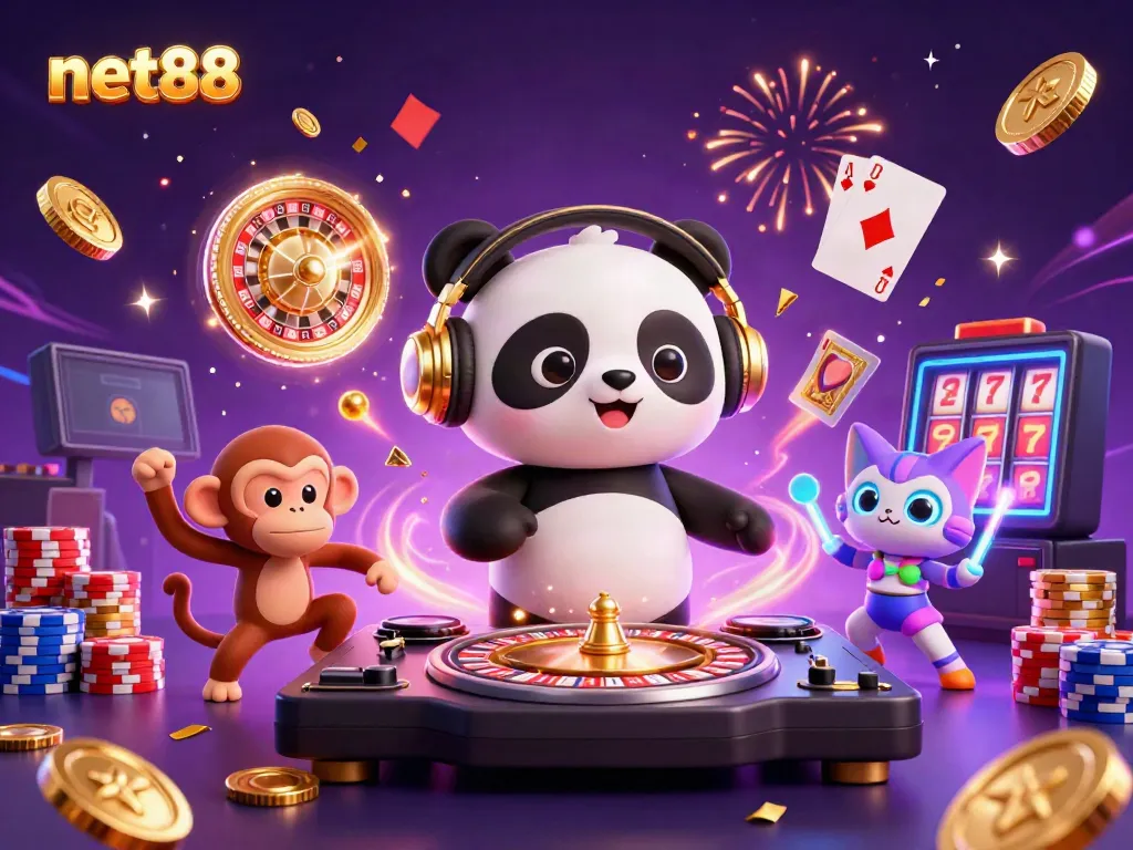 Experience excitement with net88 in this vibrant scene of a DJ panda, dancing monkey, and rave kitten in a casino setting.