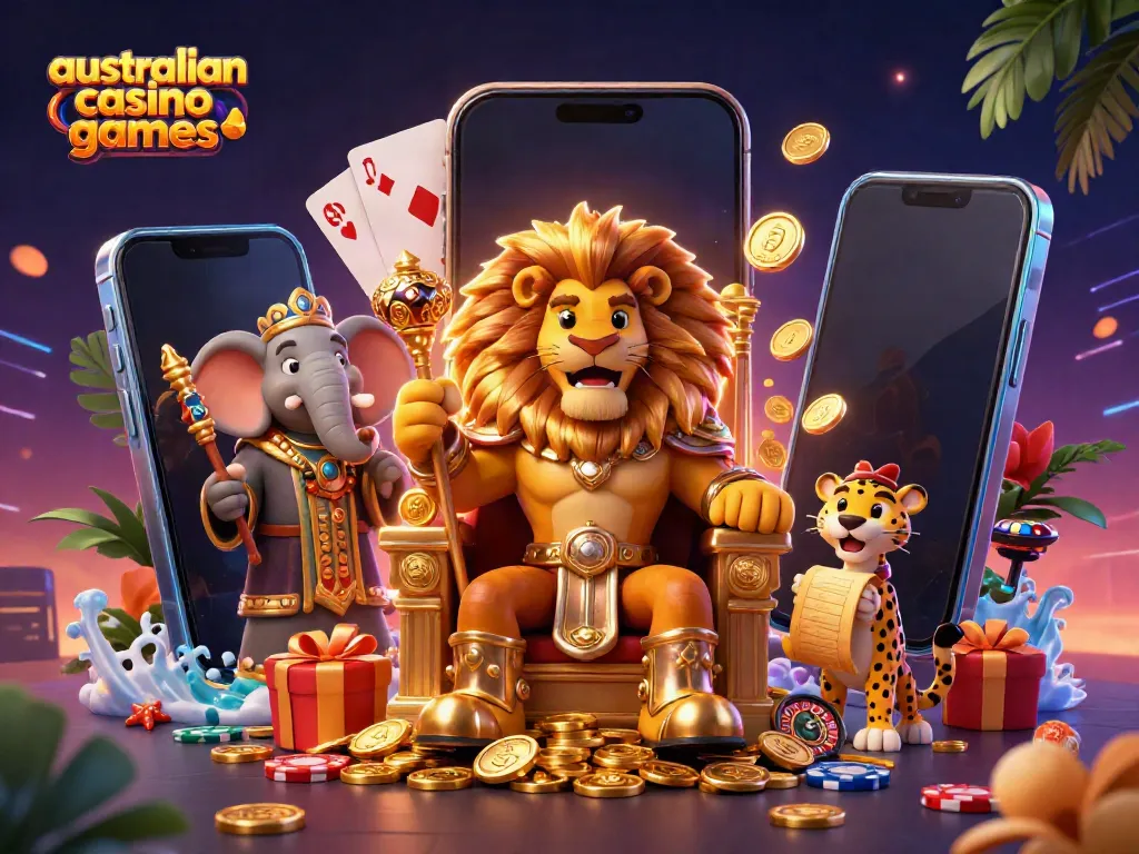 Engage with australian casino games featuring a fierce lion king on a golden throne, lively game elements, and vibrant visuals.