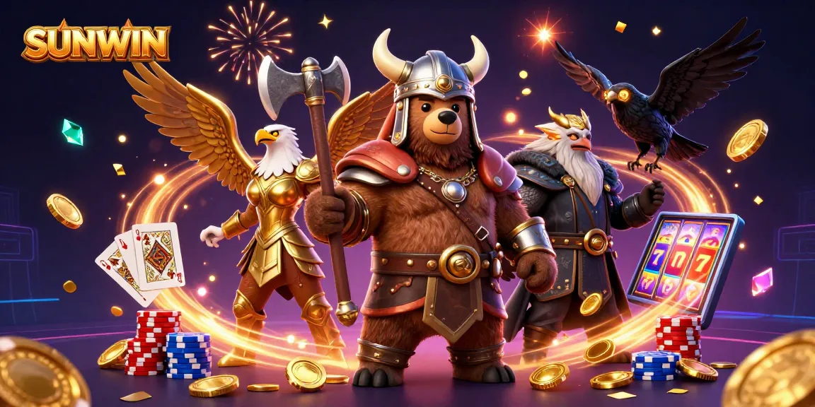 SUNWIN showcases an exhilarating casino experience with a Viking bear, Valkyrie eagle, and gleaming game elements.