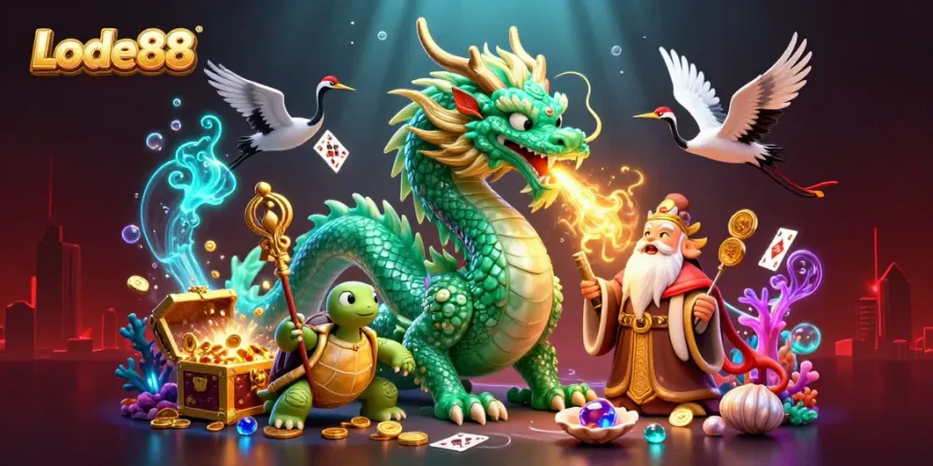 Experience the thrill of Lode88 with a captivating dragon, turtles, and lucky cranes surrounded by treasure and vibrant elements.