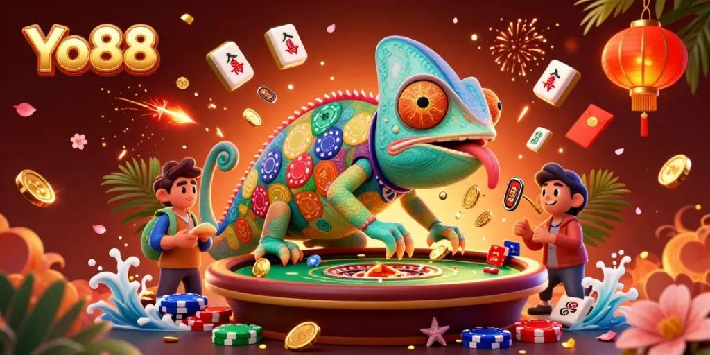 Experience the vibrant world of Yo88, featuring a colorful chameleon casino owner amidst rich casino elements.