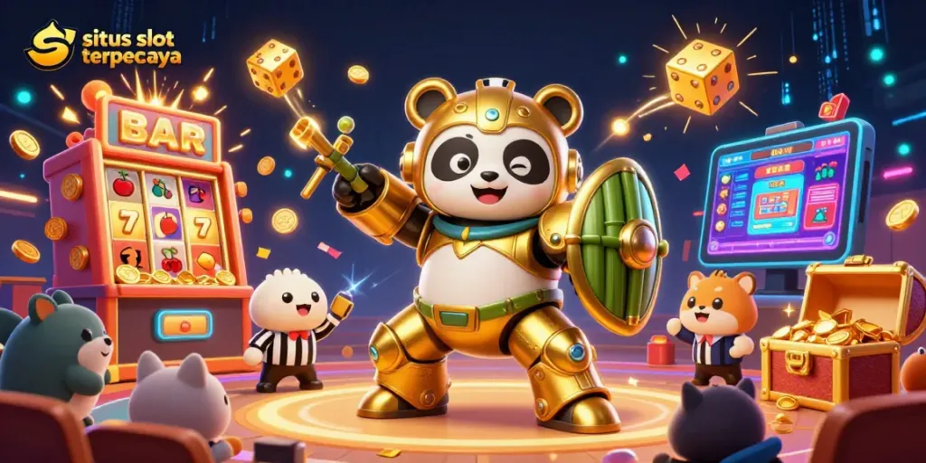 Situs slot terpercaya showcases an action-filled 3D illustration of a panda in a mech-suit piloting a robot amidst vibrant casino elements.