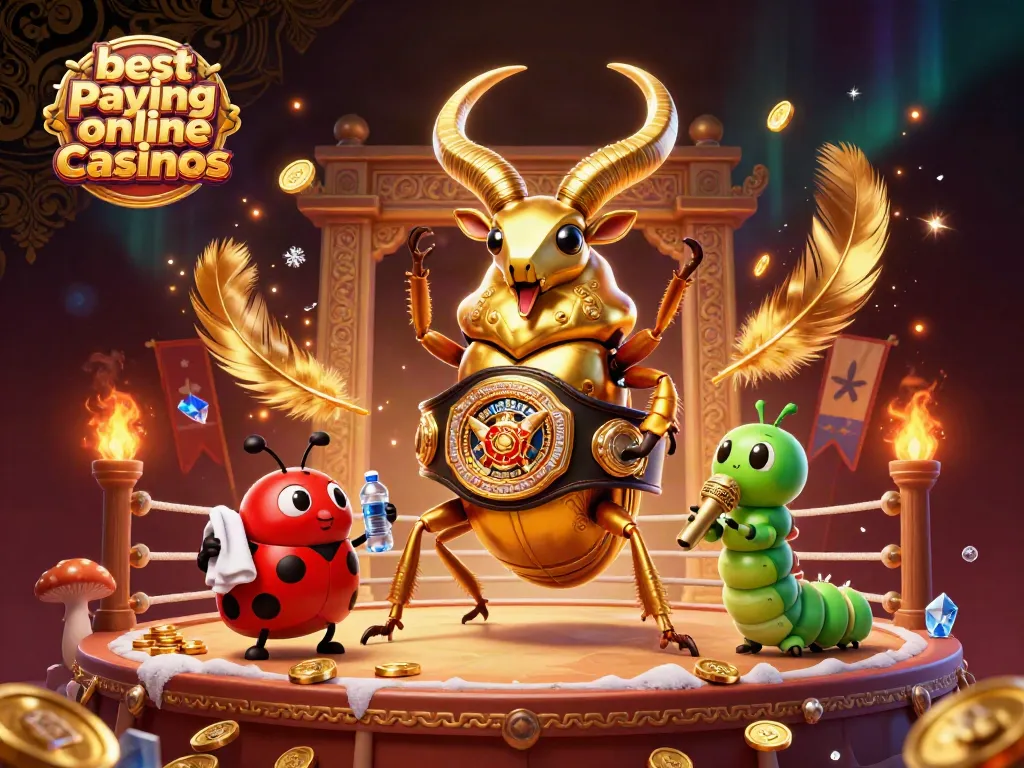 Illustration of iconic characters revealing the best paying online casinos, with vibrant casino elements scattered around.