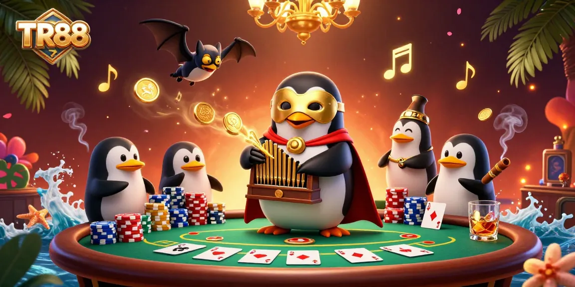 TR88 casino scene featuring lively 3D penguin and golden musical elements with poker chips and cards.