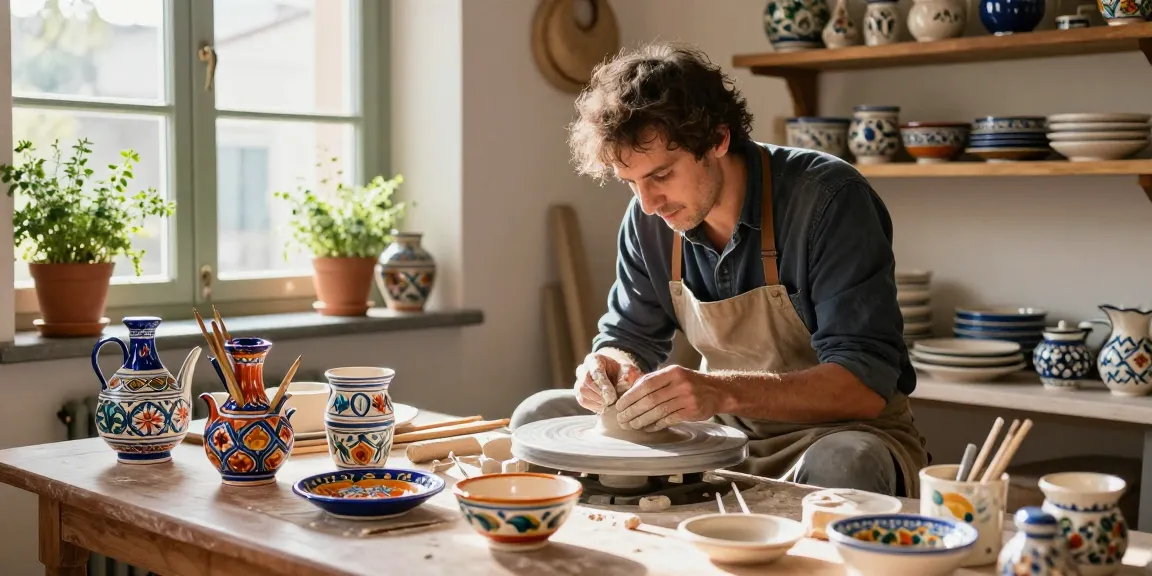 Artisan crafting Italian Ceramics in a sunlit kitchen, showcasing vibrant colors and traditional techniques.