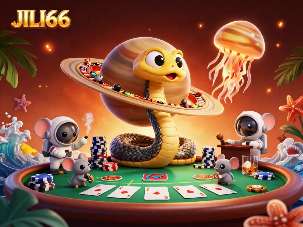 Experience the thrill of JILI66 casino with a cosmic roulette, colorful poker chips, and lively gaming atmosphere.