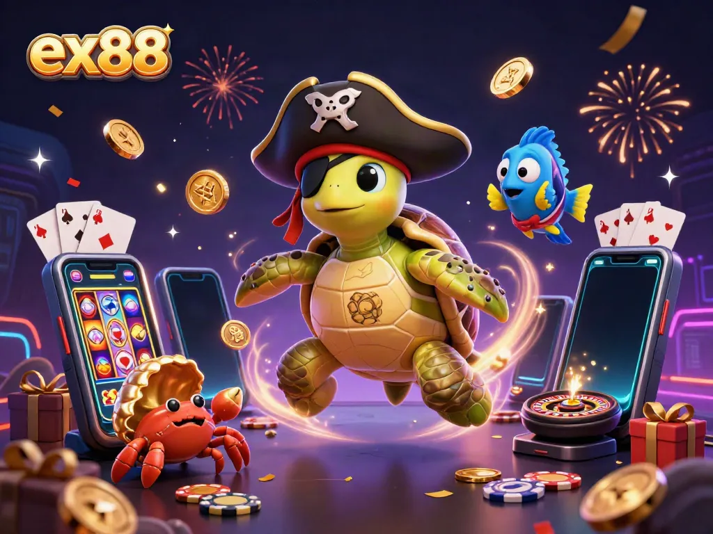 Engage in thrilling gameplay with ex88 featuring a pirate turtle, crab, and parrotfish amidst dynamic casino elements.