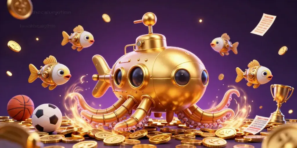Engage with keonhacaiuytinn's vibrant sports betting scene featuring a golden kraken submarine amidst golden coins.