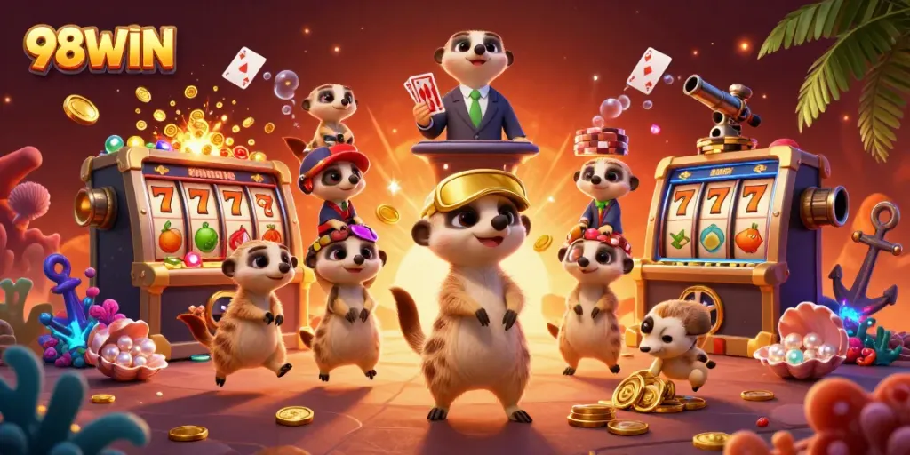 Experience thrilling action at the 98WIN casino with meerkats orchestrating an underwater treasure heist.
