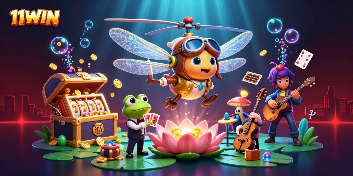 Experience the fun at 11WIN with a vibrant underwater casino scene featuring winning moments, slot reels, and lively energy.