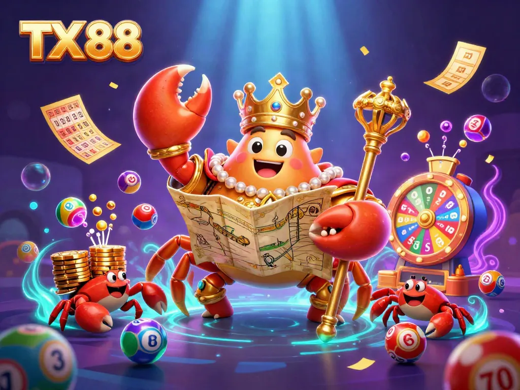 Experience the thrilling action of TX 88 with vibrant lottery elements and a golden crab emperor.