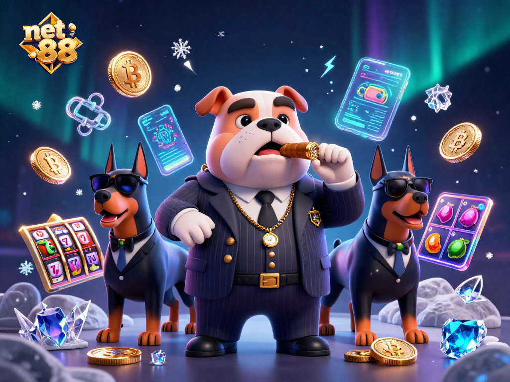 Experience thrilling gaming with net 88, featuring a bulldog boss and Dobermans amidst vibrant casino elements.