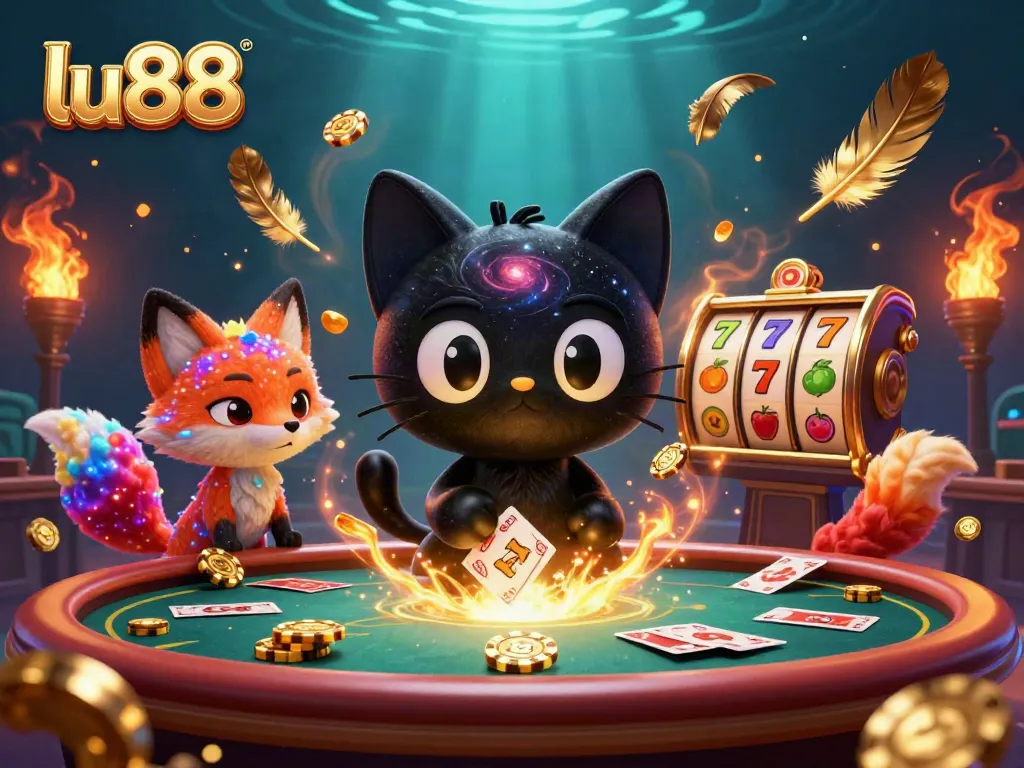 lu88 captures the thrill of gaming with a black hole cat and colorful fox at the cosmic casino table.