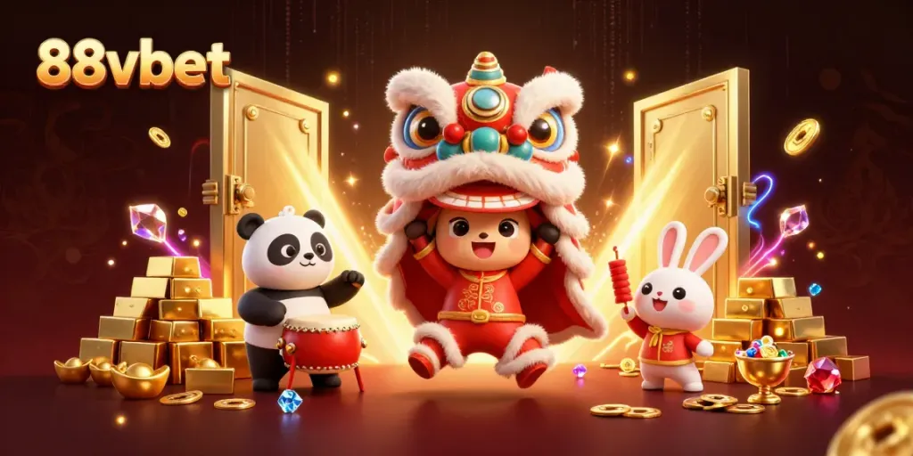 Experience winning moments at 88vbet with vibrant 3D lion dance decorations and treasure.