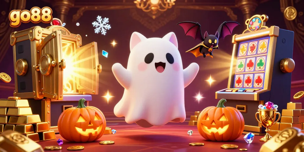 Experience thrilling gameplay at go88 with a ghost cat and vampire bat in a vibrant casino.