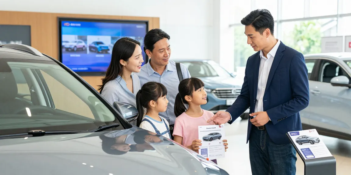 Family enjoying a car check UK service at a dealership while inspecting a vehicle.