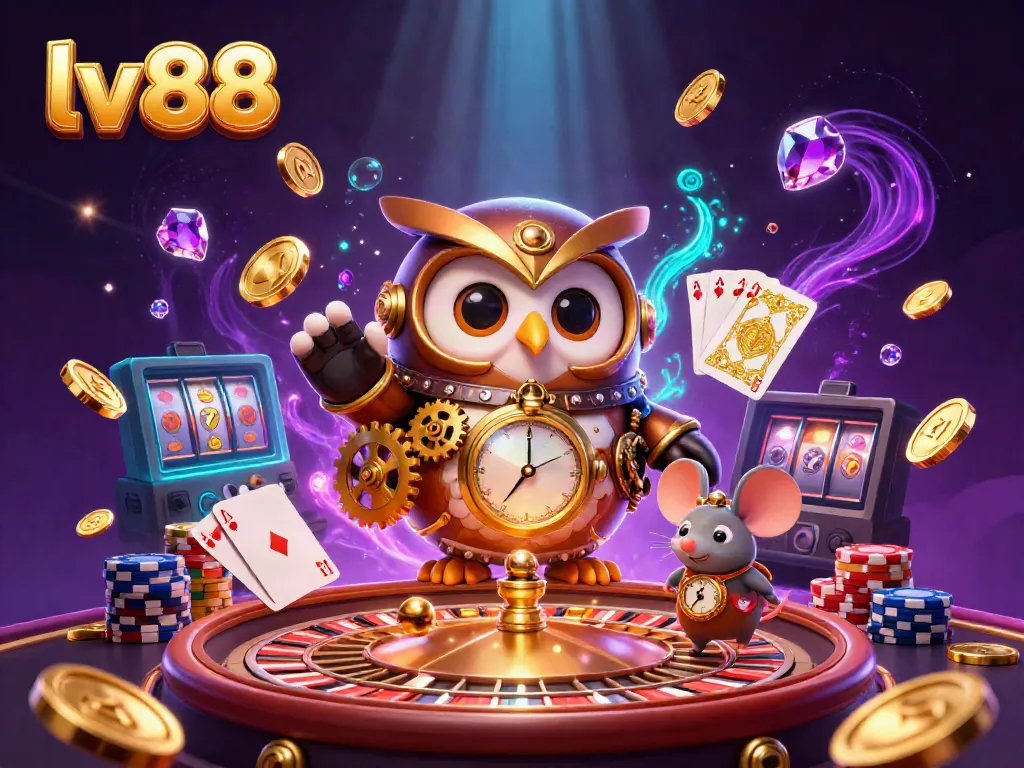 Experience the excitement of lv88 online gaming with a 3D depiction of a time-traveler owl and dynamic casino elements.